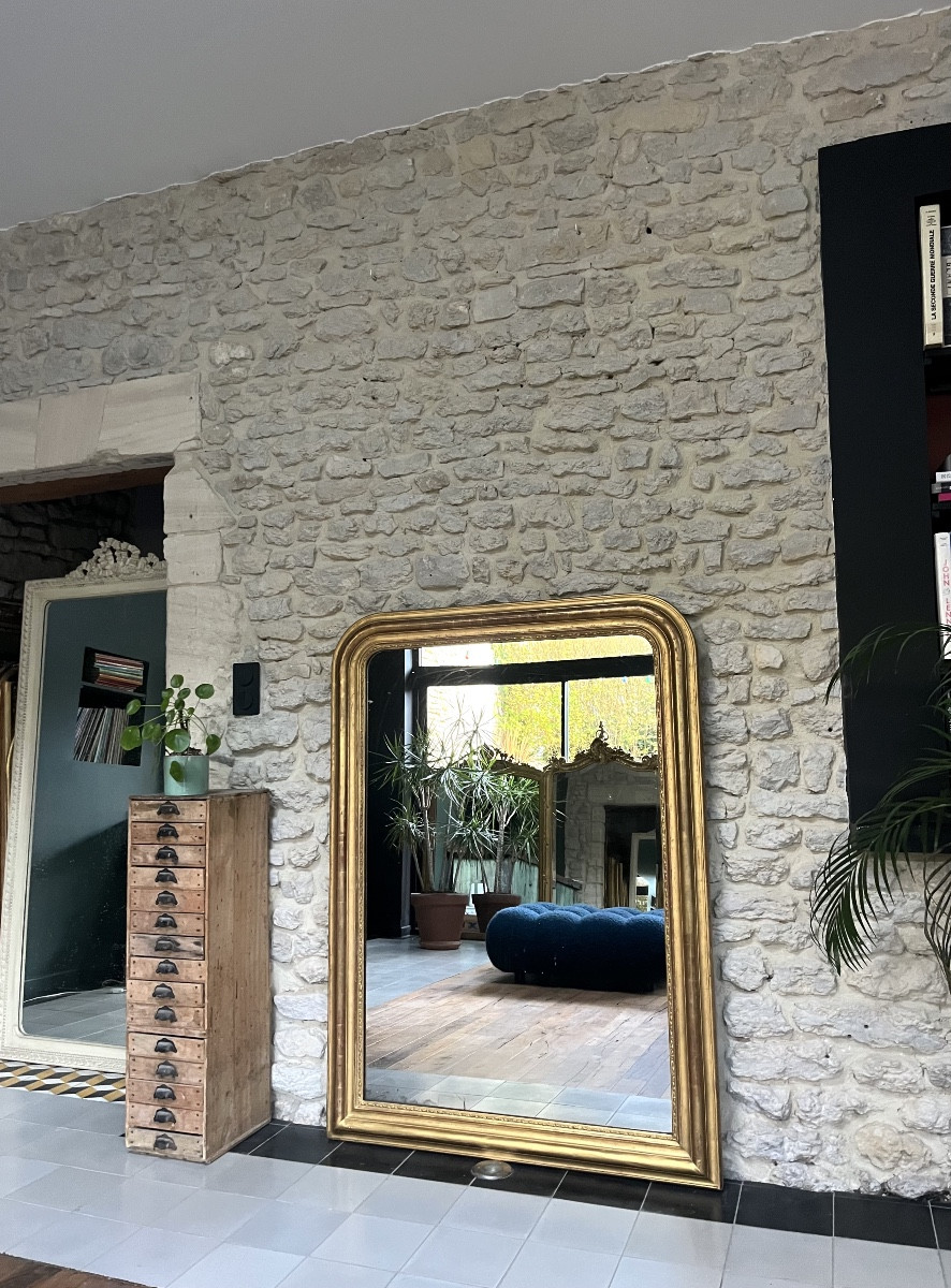 Miroir ancien 142/102cm Louis-Philippe doré à la feuille d’or, trumeau cheminée glace mercure