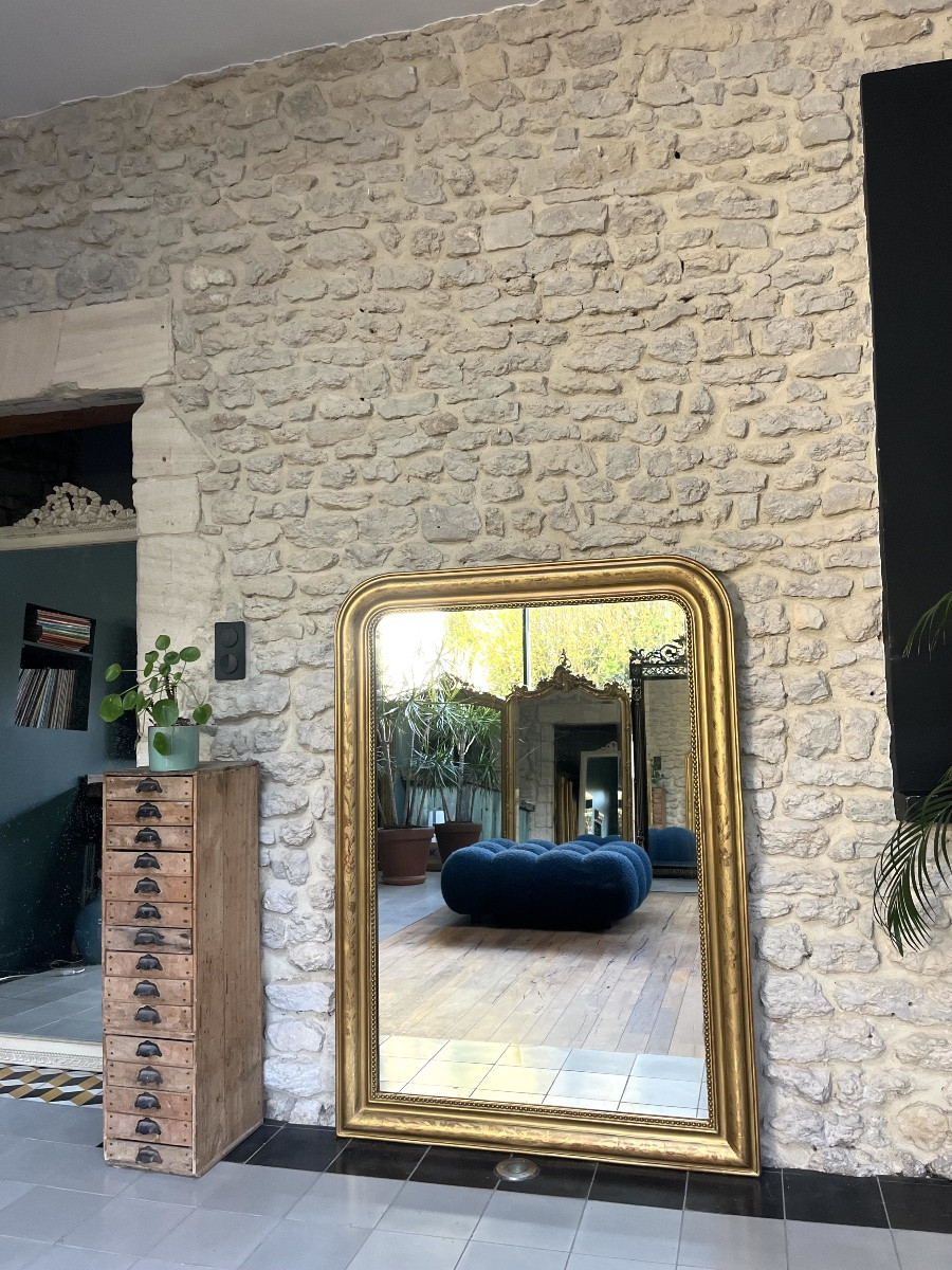 Miroir ancien 140,5/101,5cm Louis-Philippe perlé doré à la feuille d’or floral trumeau cheminée-photo-1