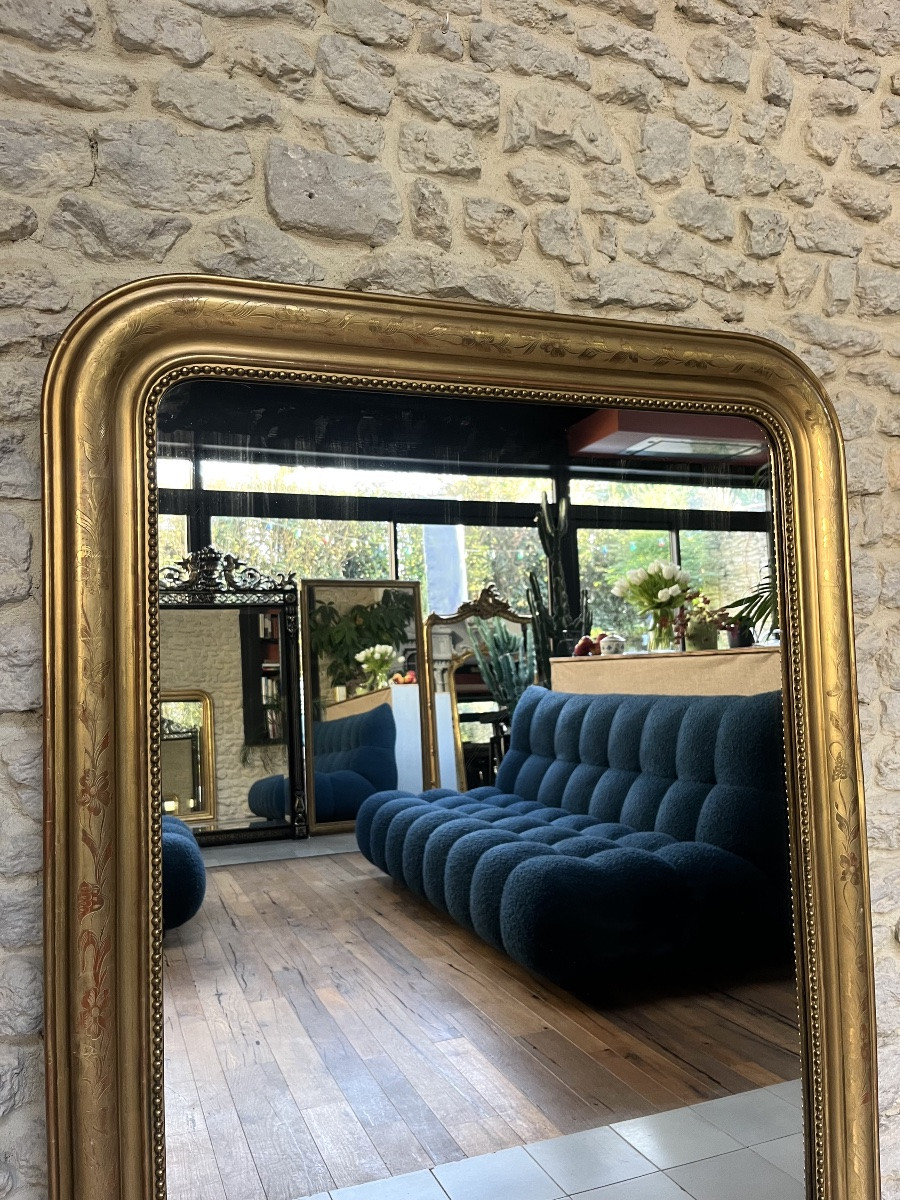 Miroir ancien 140,5/101,5cm Louis-Philippe perlé doré à la feuille d’or floral trumeau cheminée-photo-2