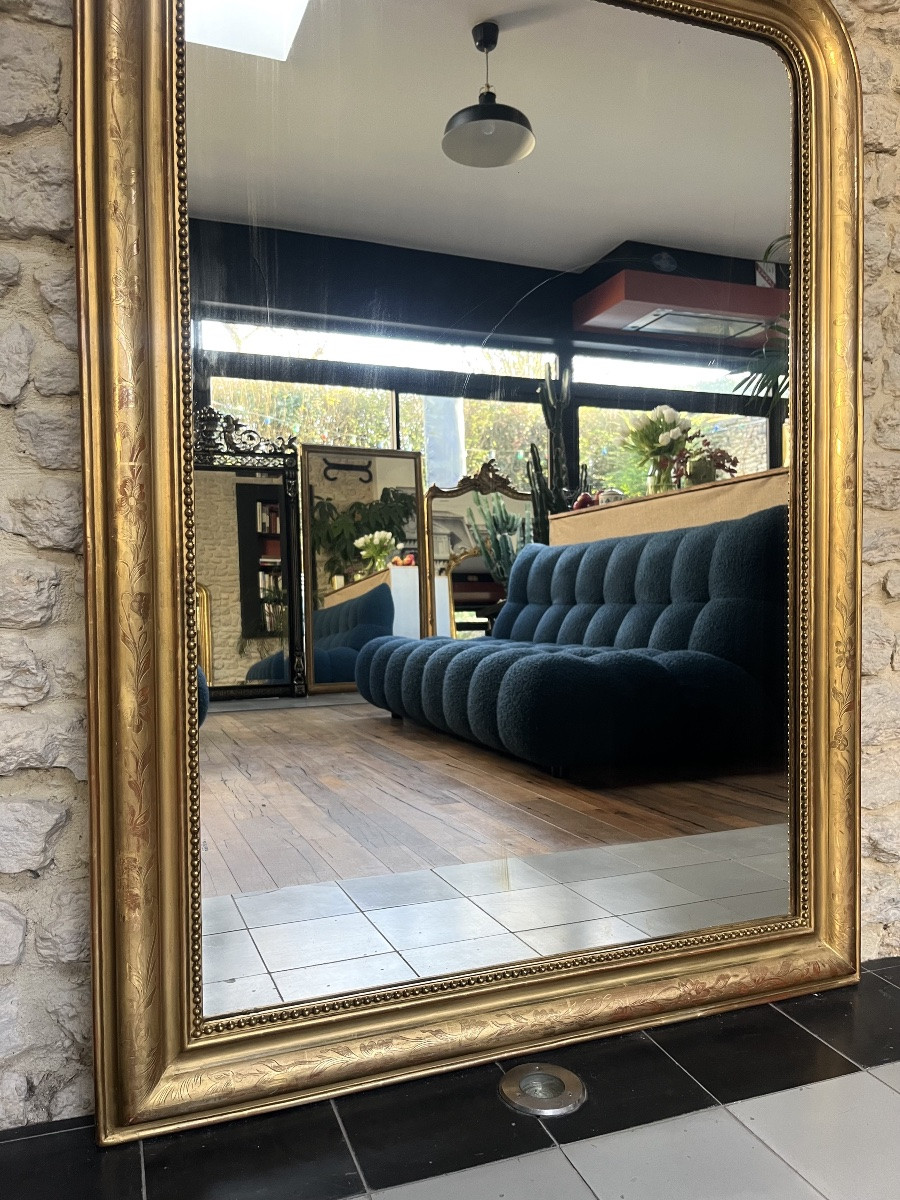 Miroir ancien 140,5/101,5cm Louis-Philippe perlé doré à la feuille d’or floral trumeau cheminée-photo-3