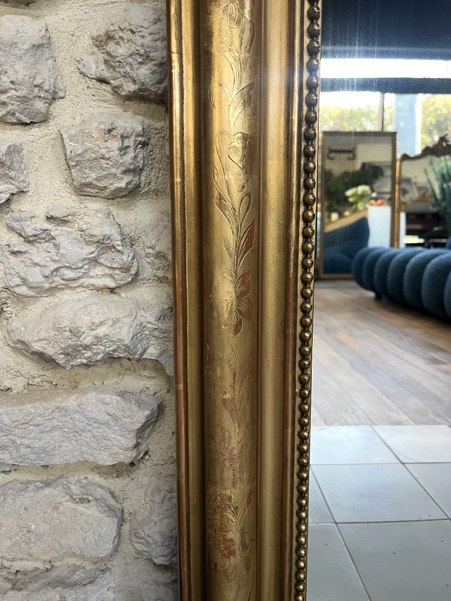 Miroir ancien 140,5/101,5cm Louis-Philippe perlé doré à la feuille d’or floral trumeau cheminée-photo-4