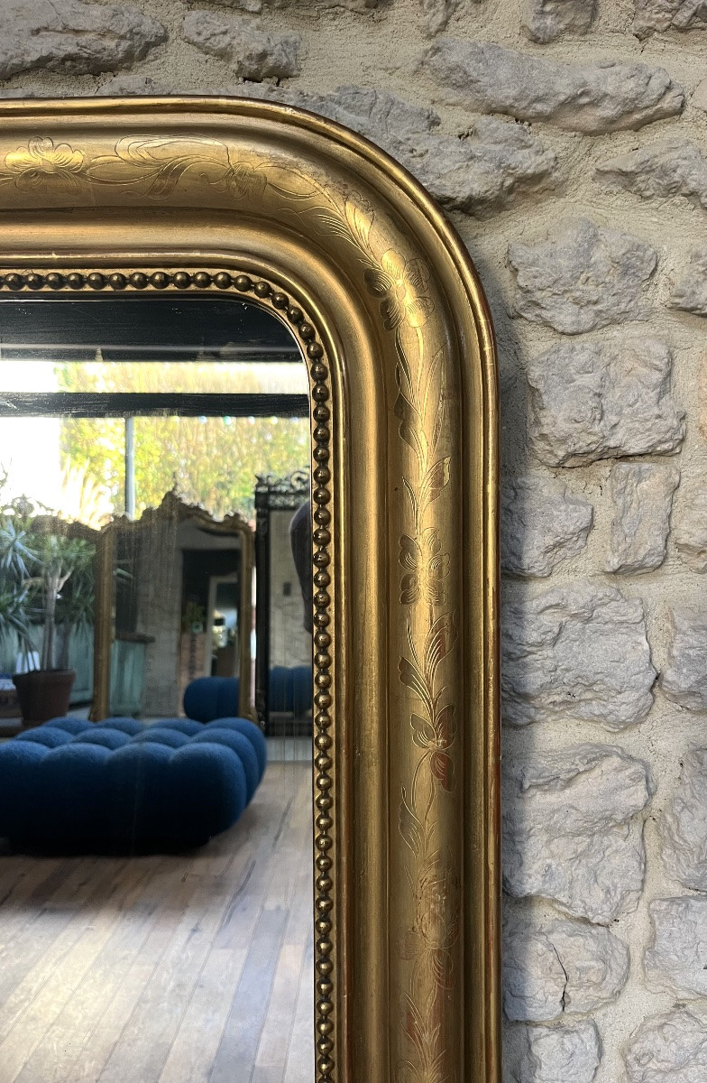 Miroir ancien 140,5/101,5cm Louis-Philippe perlé doré à la feuille d’or floral trumeau cheminée-photo-5