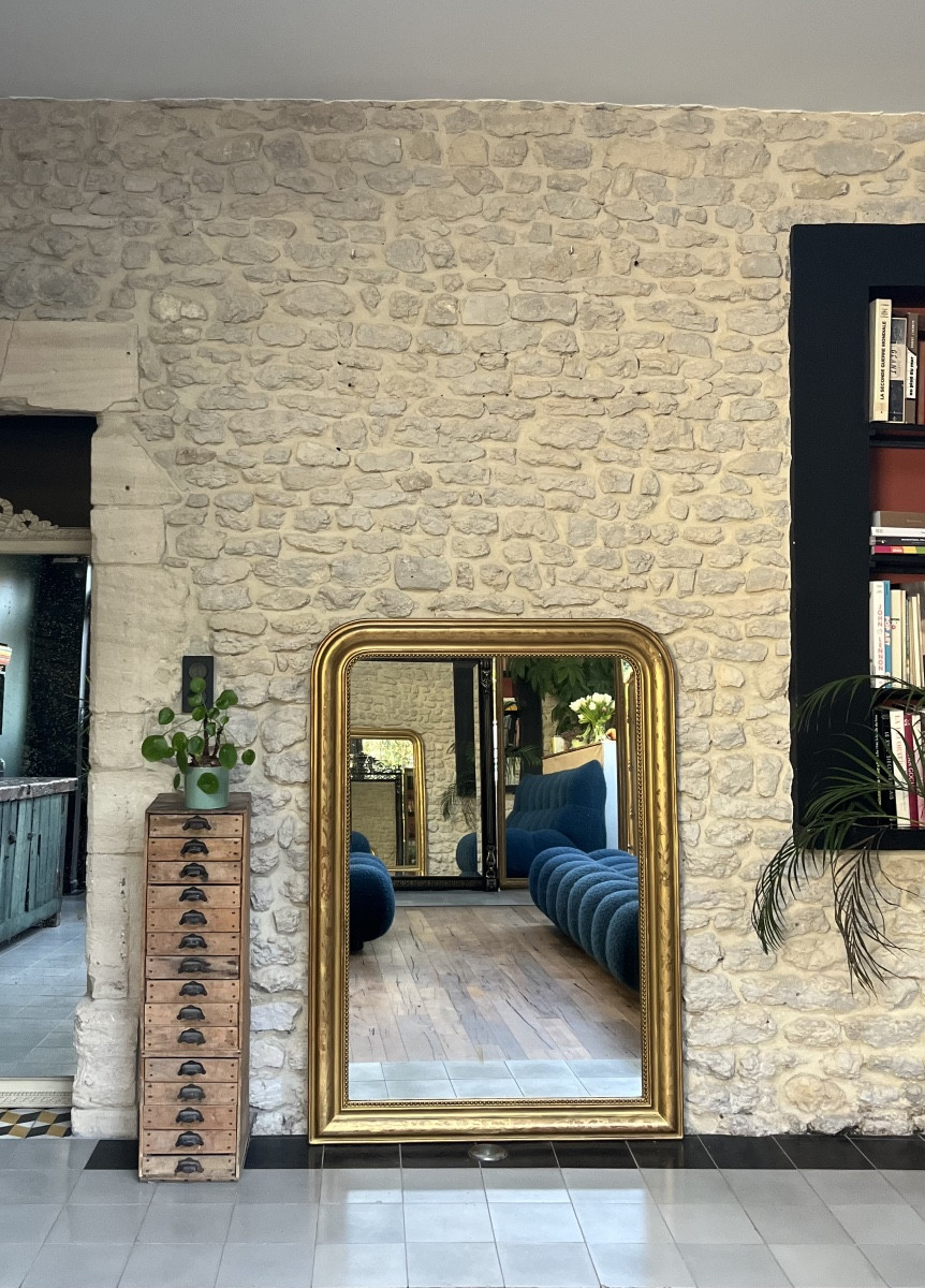 Miroir ancien 140,5/101,5cm Louis-Philippe perlé doré à la feuille d’or floral trumeau cheminée