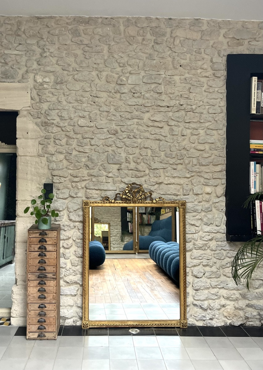 Antique Mirror 131/95.5cm With Louis XVI Style Ribbon Bow Pediment And Gilded Pearl With Gold Leaf -photo-4