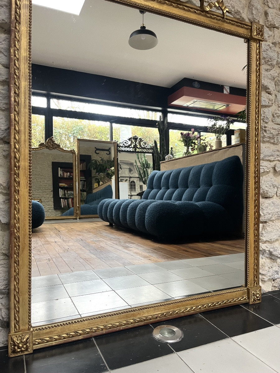 Antique Mirror 131/95.5cm With Louis XVI Style Ribbon Bow Pediment And Gilded Pearl With Gold Leaf -photo-2