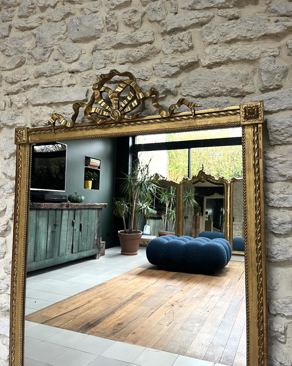 Antique Mirror 131/95.5cm With Louis XVI Style Ribbon Bow Pediment And Gilded Pearl With Gold Leaf -photo-3