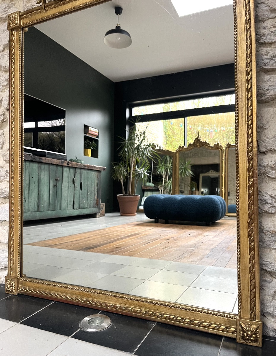 Antique Mirror 131/95.5cm With Louis XVI Style Ribbon Bow Pediment And Gilded Pearl With Gold Leaf -photo-4