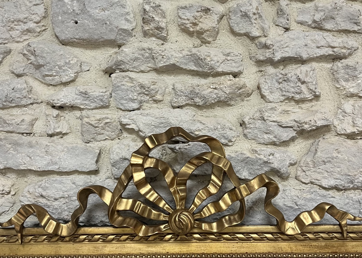 Antique Mirror 131/95.5cm With Louis XVI Style Ribbon Bow Pediment And Gilded Pearl With Gold Leaf -photo-7