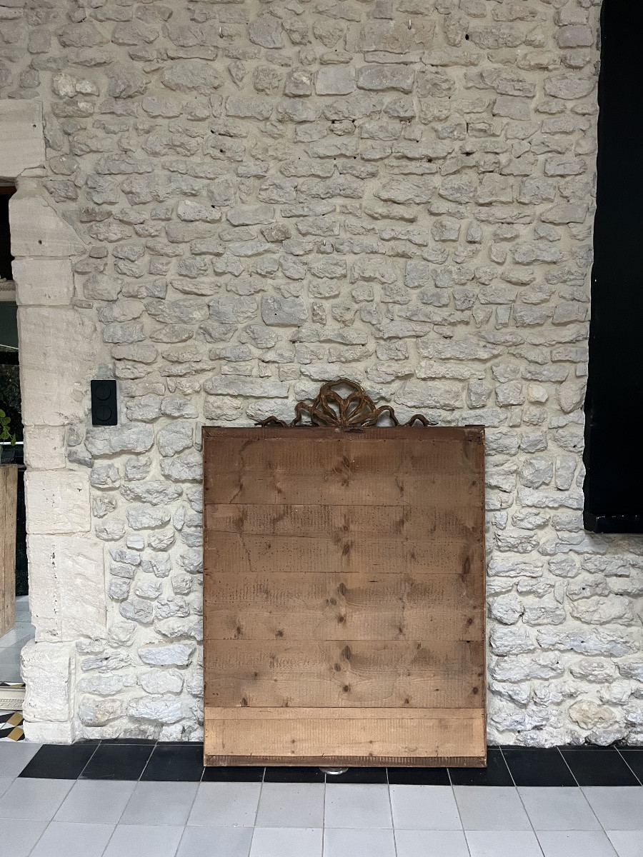 Antique Mirror 131/95.5cm With Louis XVI Style Ribbon Bow Pediment And Gilded Pearl With Gold Leaf -photo-8