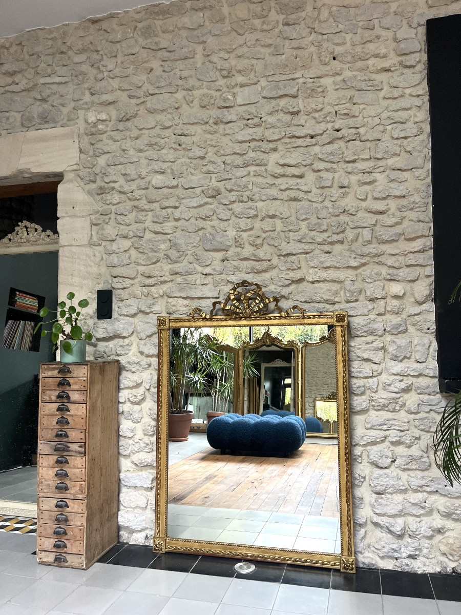 Antique Mirror 131/95.5cm With Louis XVI Style Ribbon Bow Pediment And Gilded Pearl With Gold Leaf 