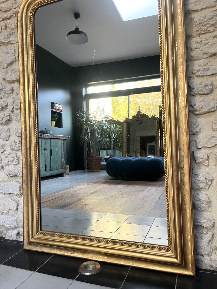Miroir ancien 141,5/88cm Louis-Philippe perlé doré feuille d’or décors florale, glace mercure-photo-4