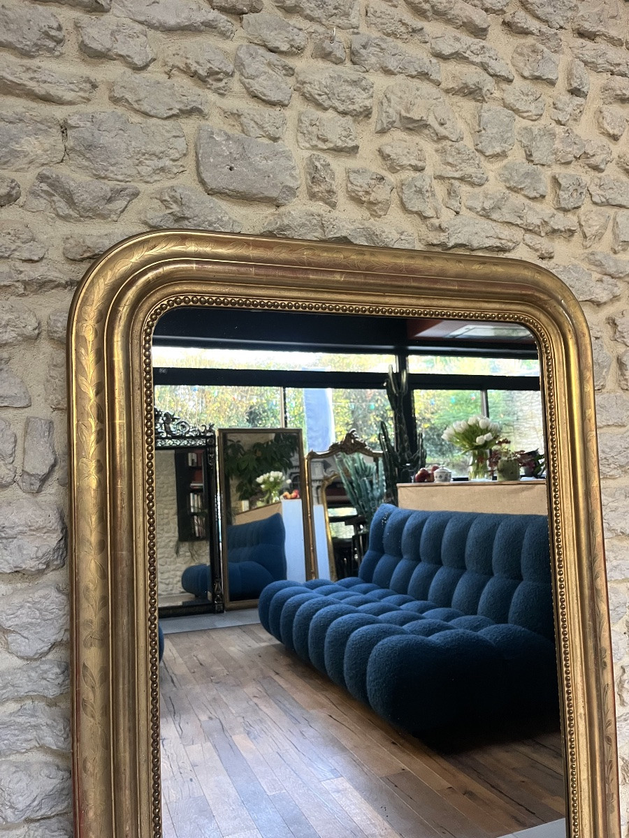 Miroir ancien 141,5/88cm Louis-Philippe perlé doré feuille d’or décors florale, glace mercure-photo-2