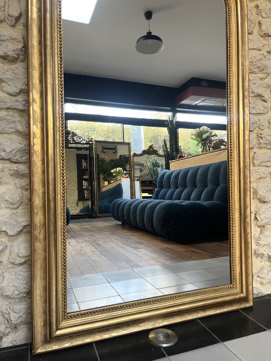 Miroir ancien 141,5/88cm Louis-Philippe perlé doré feuille d’or décors florale, glace mercure-photo-3