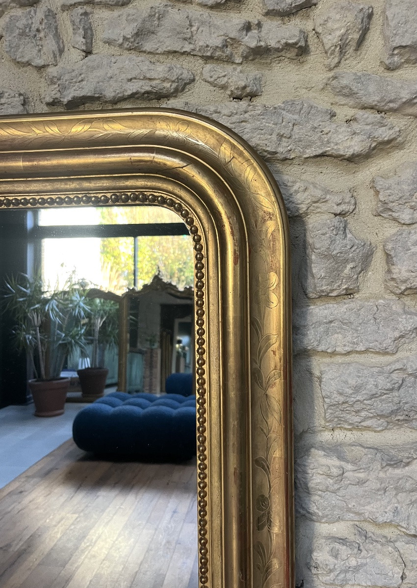 Miroir ancien 141,5/88cm Louis-Philippe perlé doré feuille d’or décors florale, glace mercure-photo-6