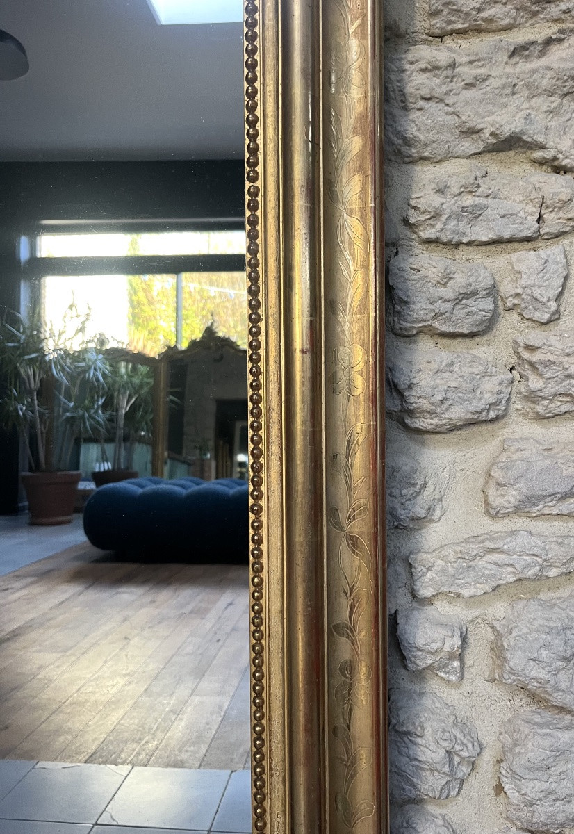 Miroir ancien 141,5/88cm Louis-Philippe perlé doré feuille d’or décors florale, glace mercure-photo-7