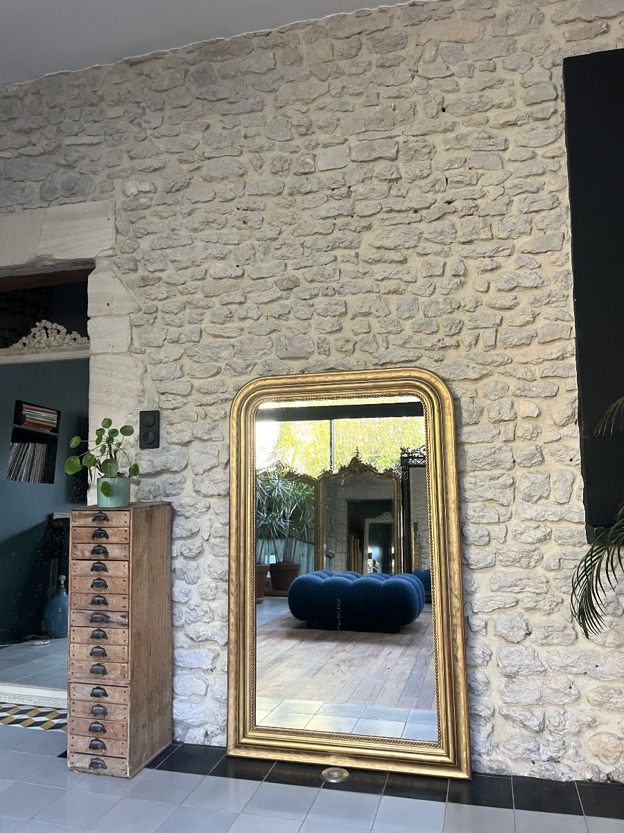 Miroir ancien 141,5/88cm Louis-Philippe perlé doré feuille d’or décors florale, glace mercure