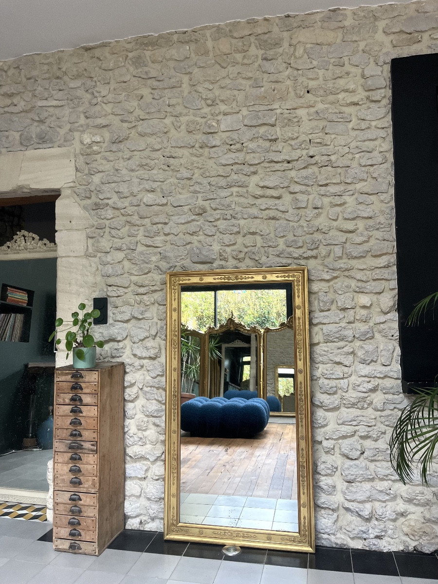 Antique Mirror, 143/78.5cm Between The Two Panes, Gilded With Gold Leaf, Restoration Period, Mercury Glass