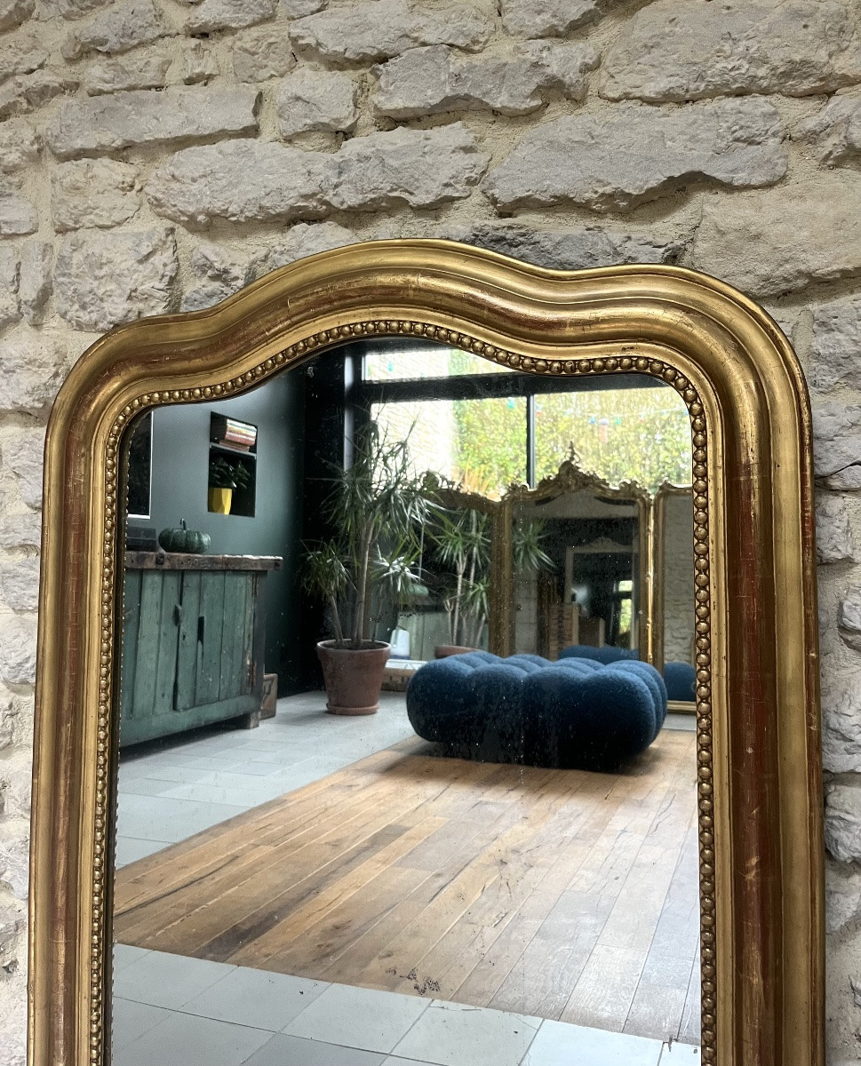 Miroir ancien Louis-Philippe perlé 108,5/78,5cm forme chapeau de gendarme doré à la feuille or-photo-2