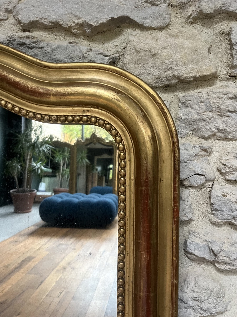 Miroir ancien Louis-Philippe perlé 108,5/78,5cm forme chapeau de gendarme doré à la feuille or-photo-4