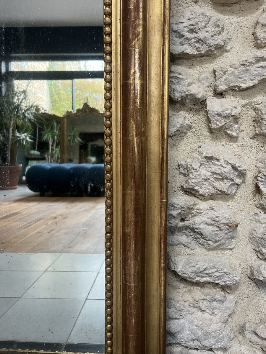 Miroir ancien Louis-Philippe perlé 108,5/78,5cm forme chapeau de gendarme doré à la feuille or-photo-3