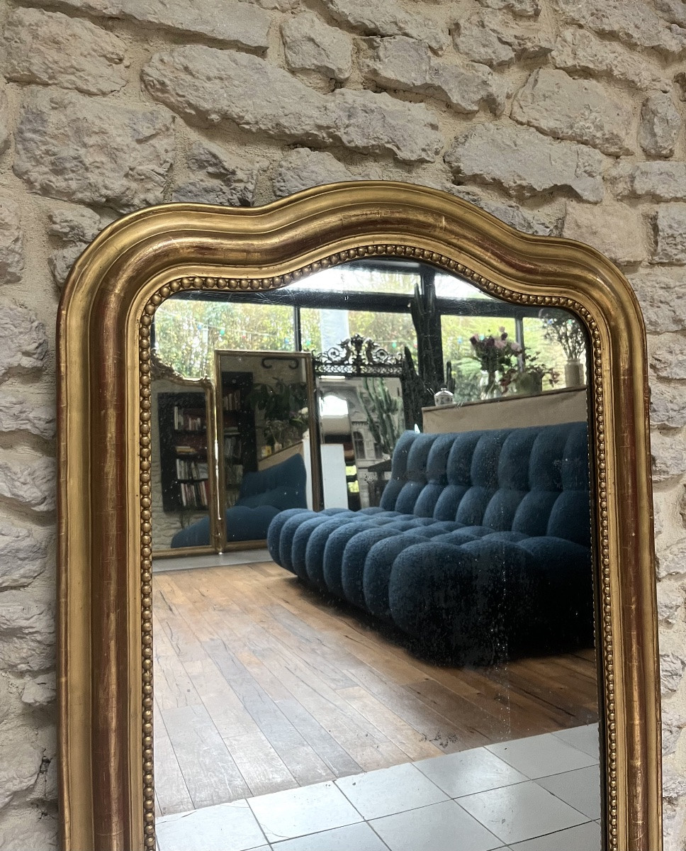 Miroir ancien Louis-Philippe perlé 108,5/78,5cm forme chapeau de gendarme doré à la feuille or-photo-4
