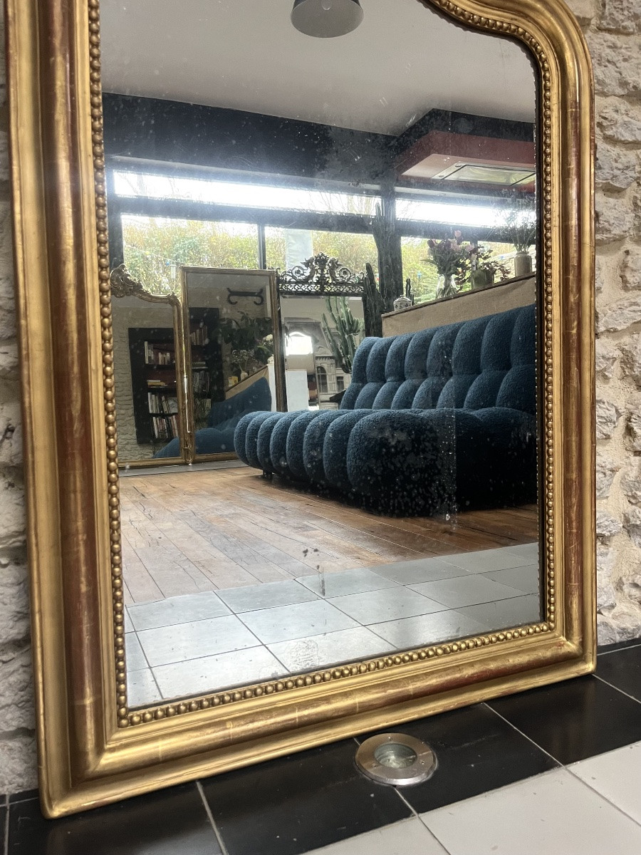 Miroir ancien Louis-Philippe perlé 108,5/78,5cm forme chapeau de gendarme doré à la feuille or-photo-5