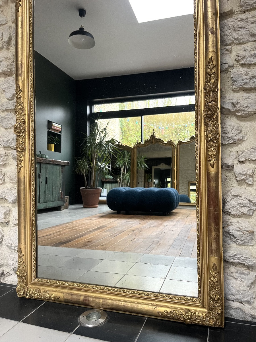 Antique Mirror, 135/79cm, Gilded With Gold Leaf, Empire Period, Mercury Glass-photo-4