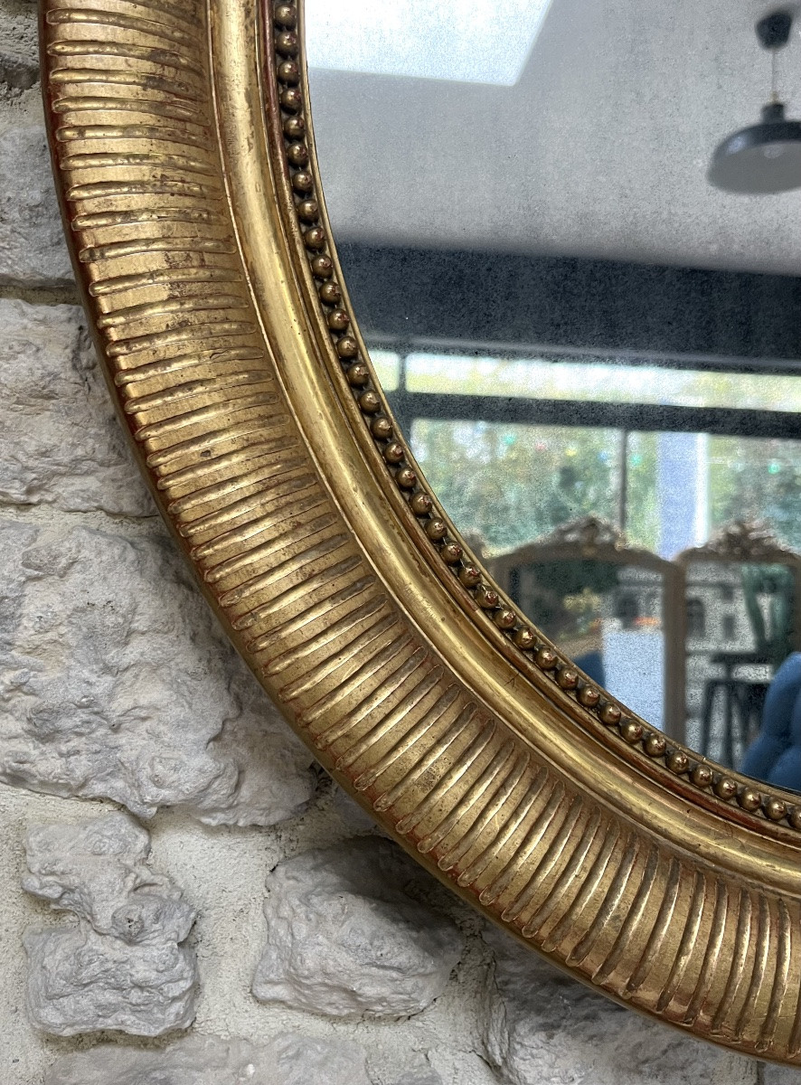 Antique Oval Mirror With Pediment, 96.5/70.5cm, Gilded With Gold Leaf, Mercury Glass -photo-3