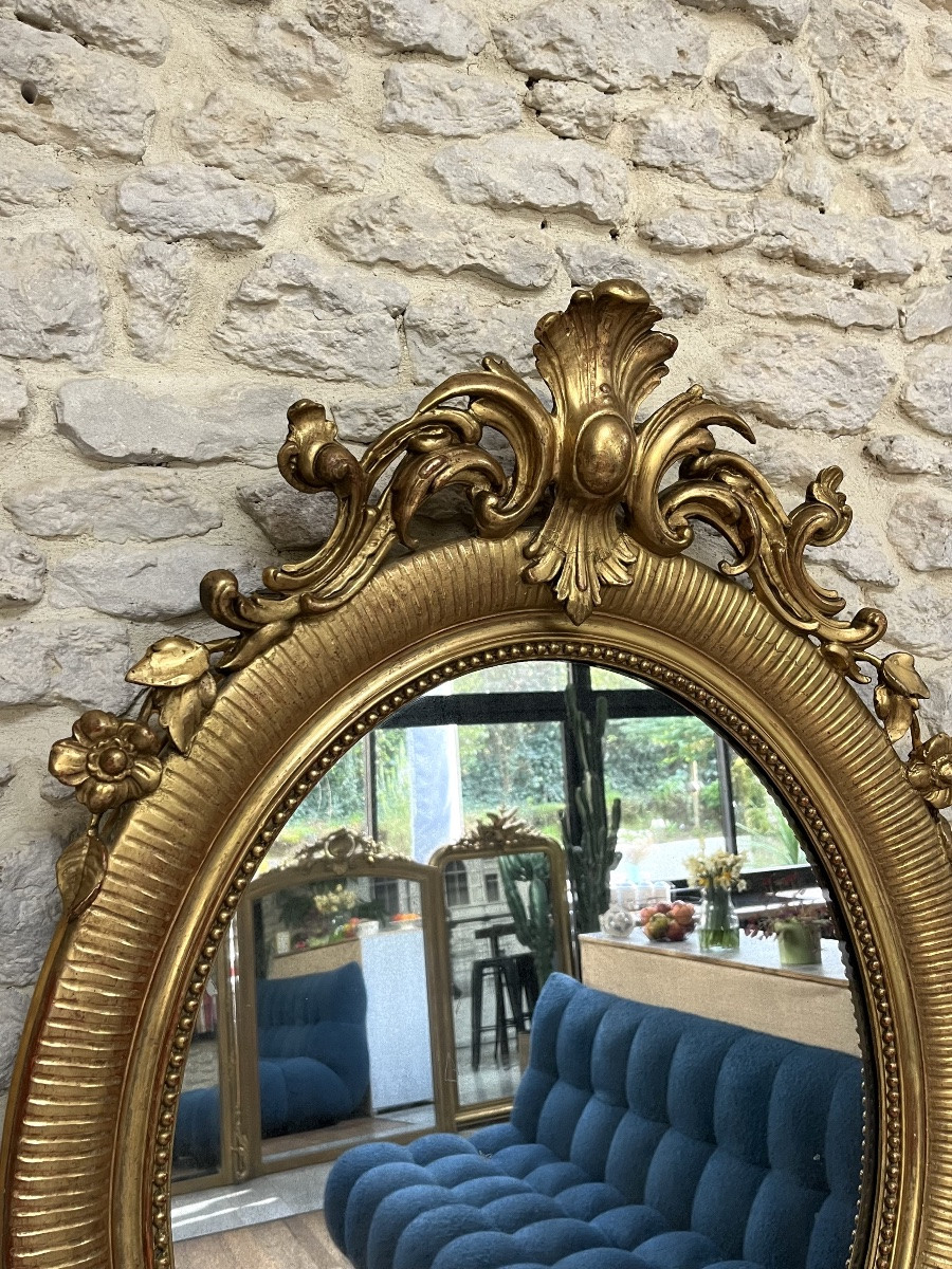 Antique Oval Mirror With Pediment, 96.5/70.5cm, Gilded With Gold Leaf, Mercury Glass -photo-2