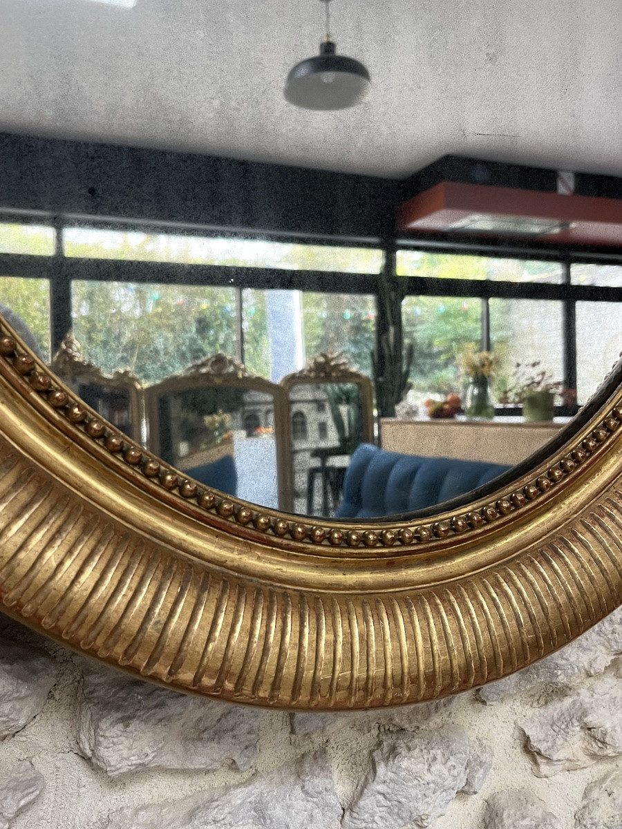 Antique Oval Mirror With Pediment, 96.5/70.5cm, Gilded With Gold Leaf, Mercury Glass -photo-4