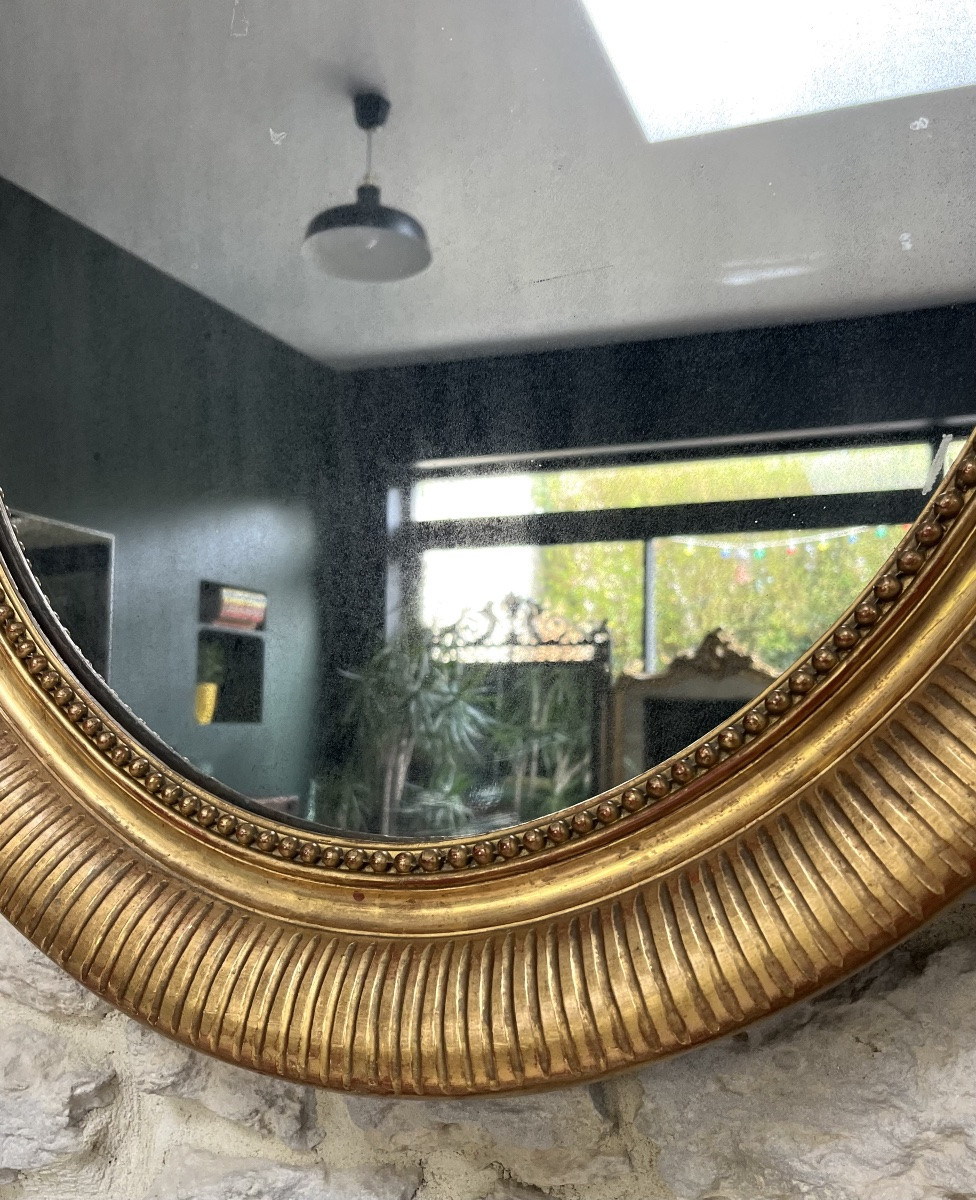 Antique Oval Mirror With Pediment, 96.5/70.5cm, Gilded With Gold Leaf, Mercury Glass -photo-7