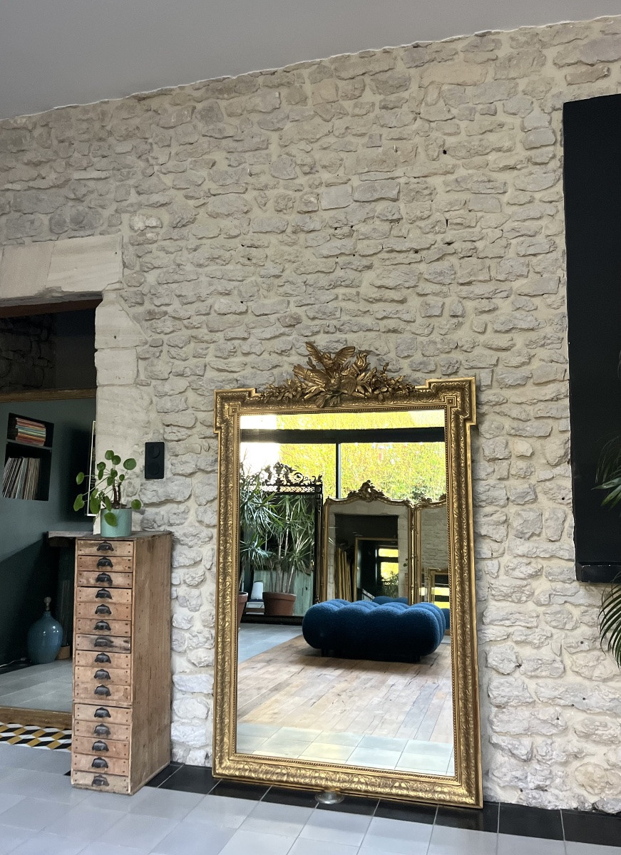 Miroir ancien à fronton et perlé 167/100,5cm trumeau de cheminée -photo-2