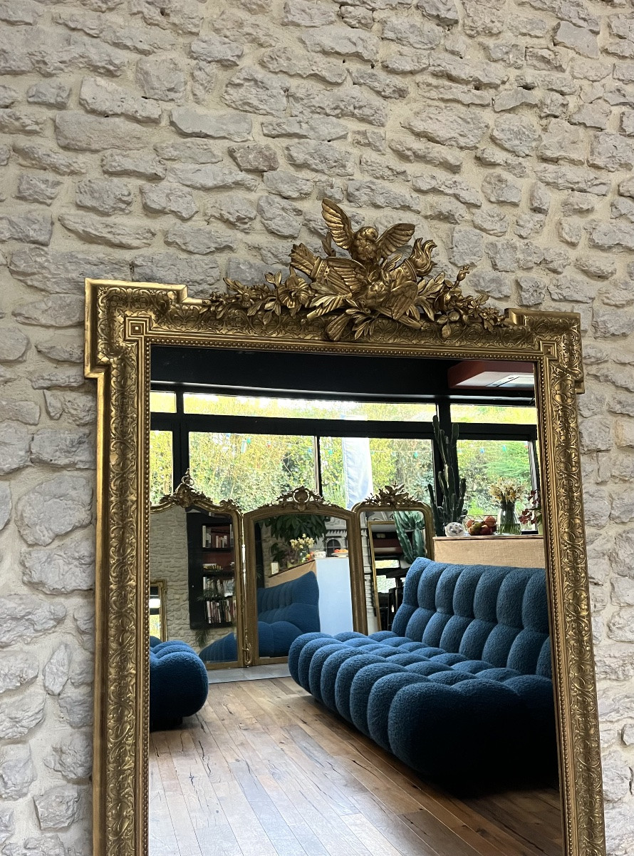 Miroir ancien à fronton et perlé 167/100,5cm trumeau de cheminée -photo-3