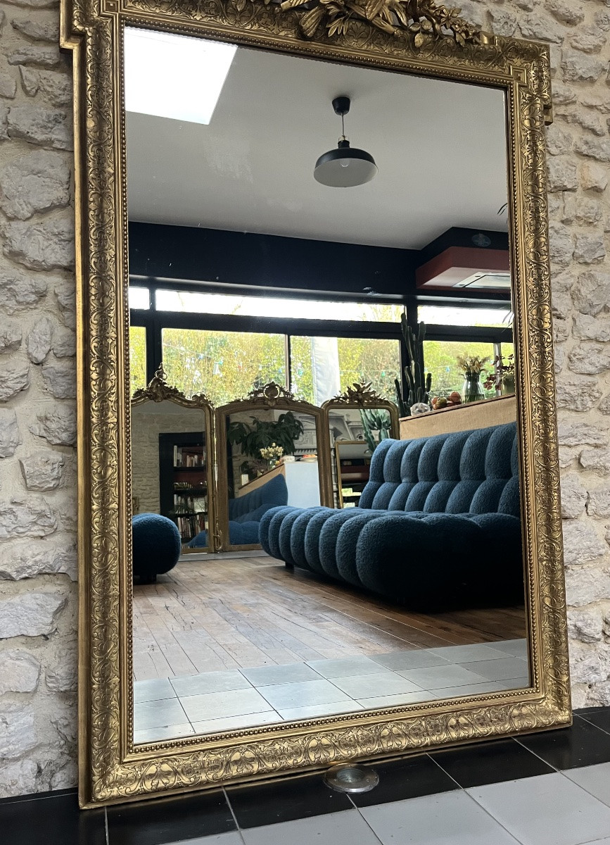 Miroir ancien à fronton et perlé 167/100,5cm trumeau de cheminée -photo-4