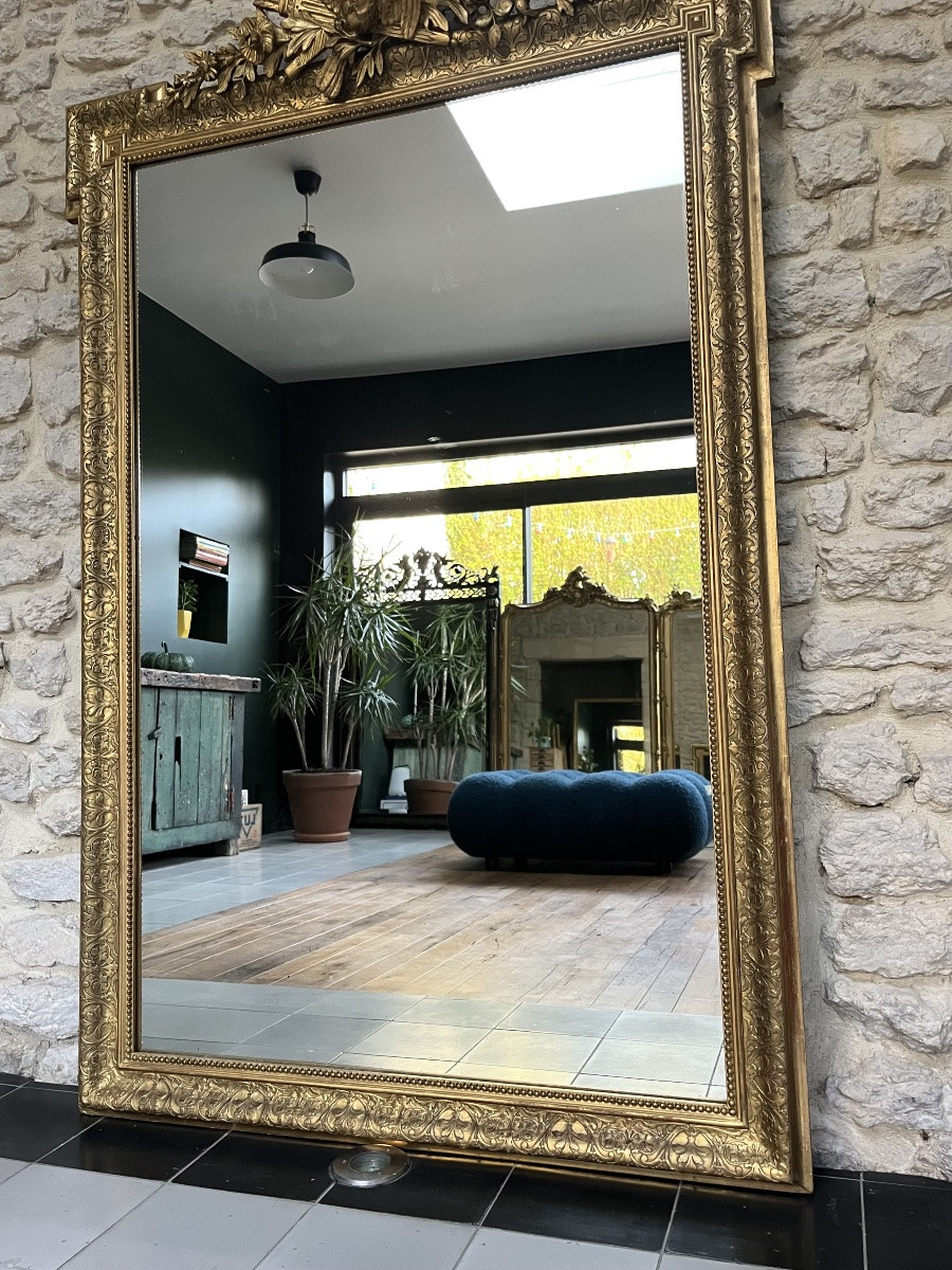 Miroir ancien à fronton et perlé 167/100,5cm trumeau de cheminée -photo-4