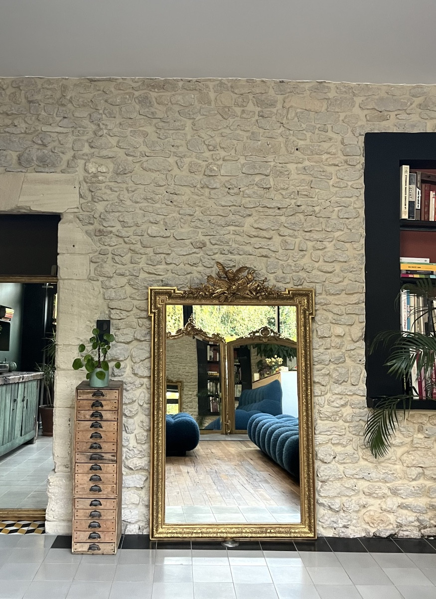 Miroir ancien à fronton et perlé 167/100,5cm trumeau de cheminée 