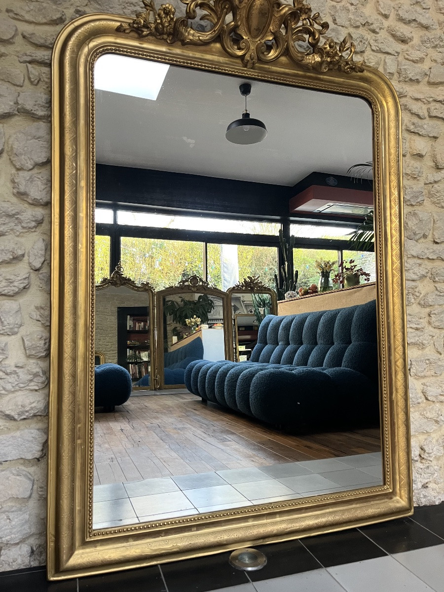Antique Louis-philippe Mirror With Pediment And Beading, 158.5/110cm, Mantelpiece -photo-4