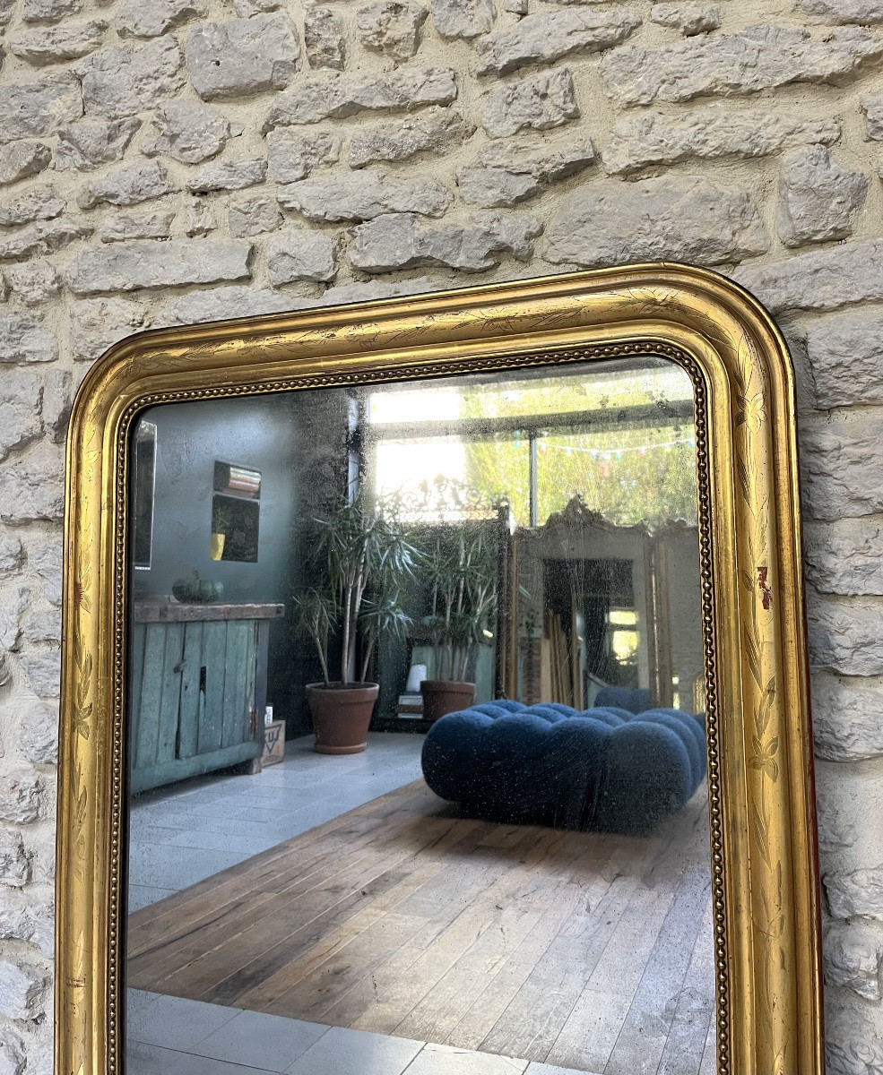 Antique Louis-philippe Beaded Mirror, 118/87cm, Gilded With Gold Leaf, Mercury Glass -photo-3