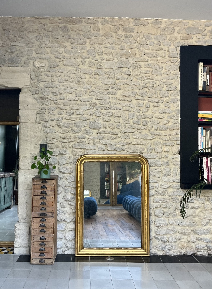 Antique Louis-philippe Beaded Mirror, 118/87cm, Gilded With Gold Leaf, Mercury Glass -photo-4