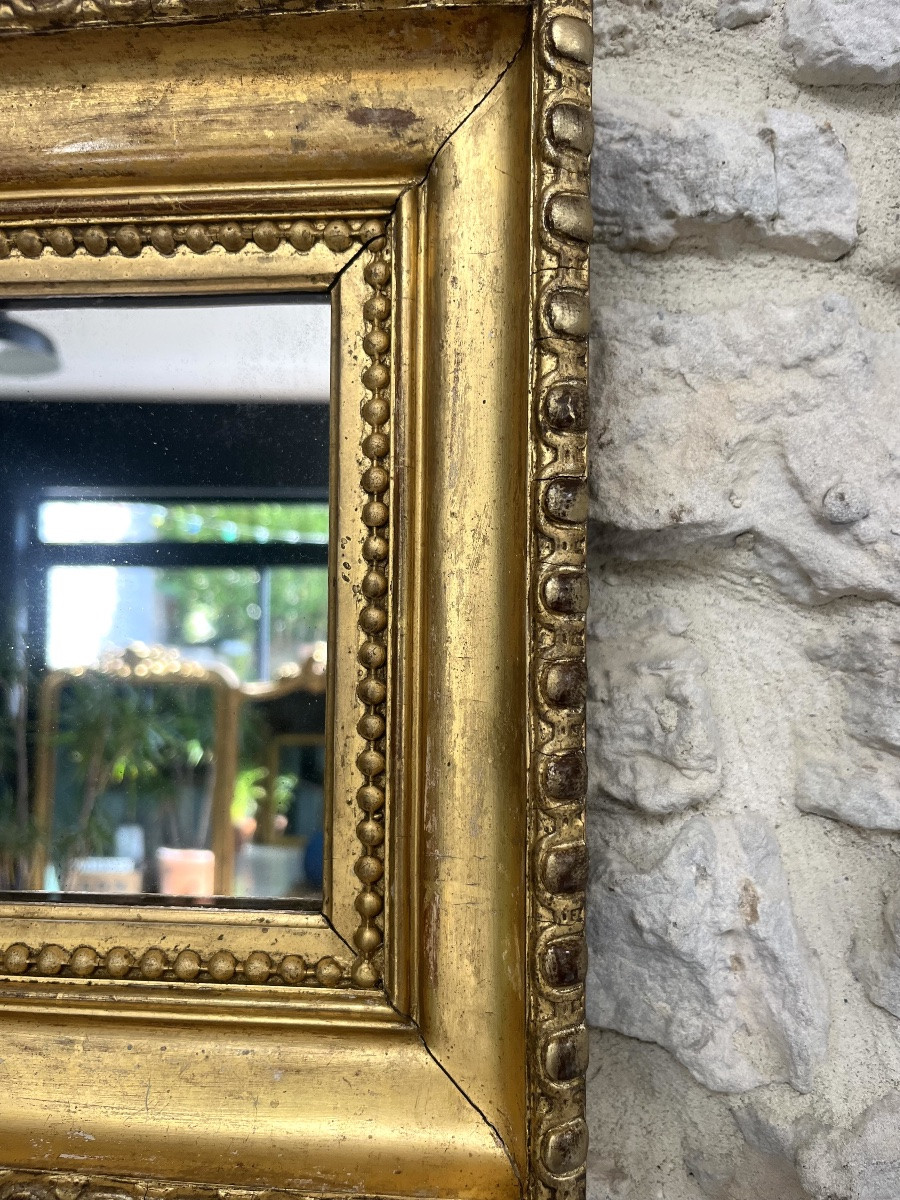 Miroir ancien perlé 30/26cm doré à la feuille doré, glace au mercure, cadre antiquité-photo-3