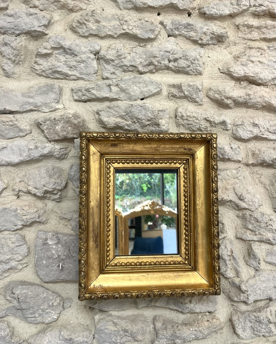 Miroir ancien perlé 30/26cm doré à la feuille doré, glace au mercure, cadre antiquité-photo-7