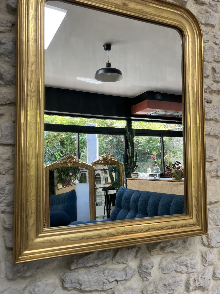 Antique Louis-philippe Gilded Leaf Mirror 86.5/69cm With Engraved Floral Motifs-photo-3