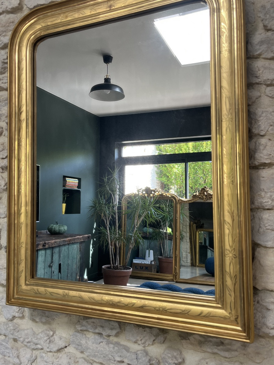 Antique Louis-philippe Gilded Leaf Mirror 86.5/69cm With Engraved Floral Motifs-photo-1