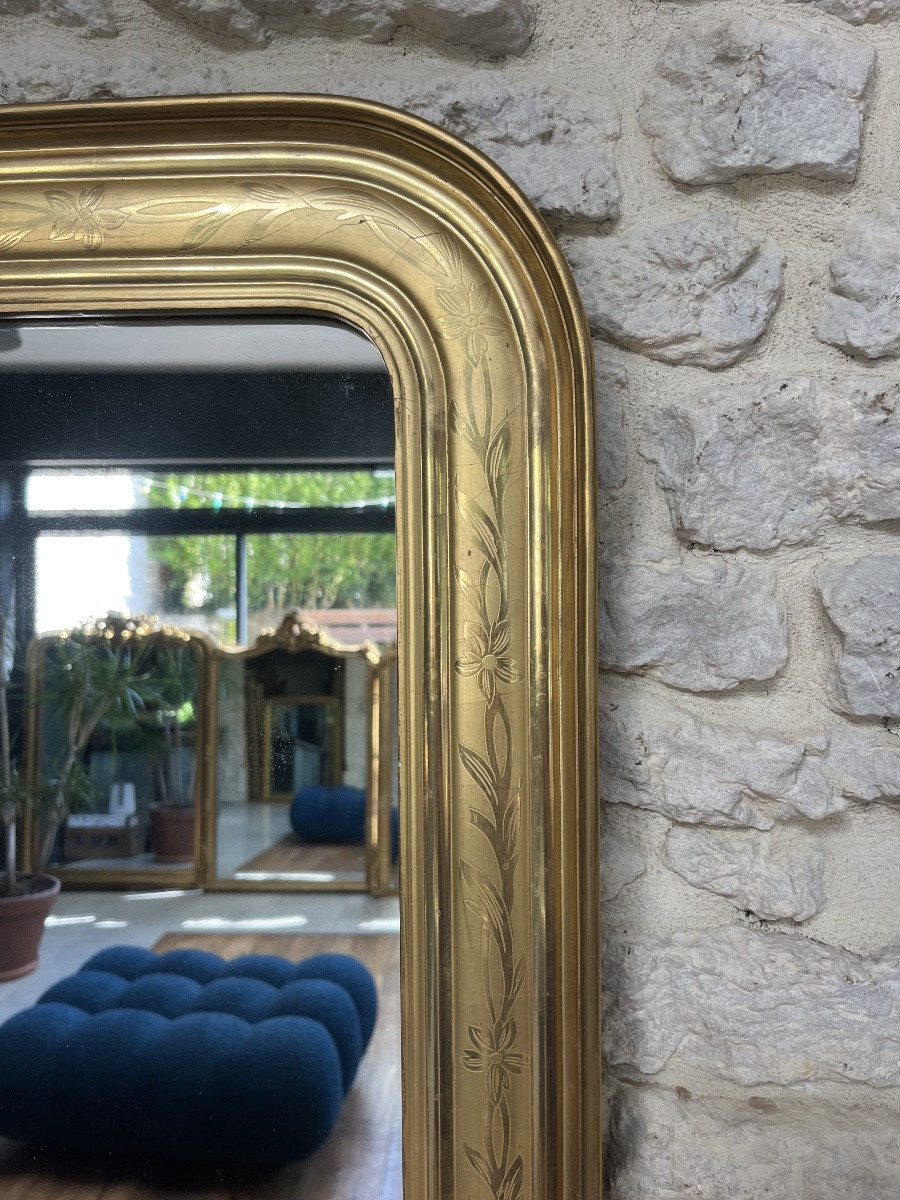 Antique Louis-philippe Gilded Leaf Mirror 86.5/69cm With Engraved Floral Motifs-photo-2
