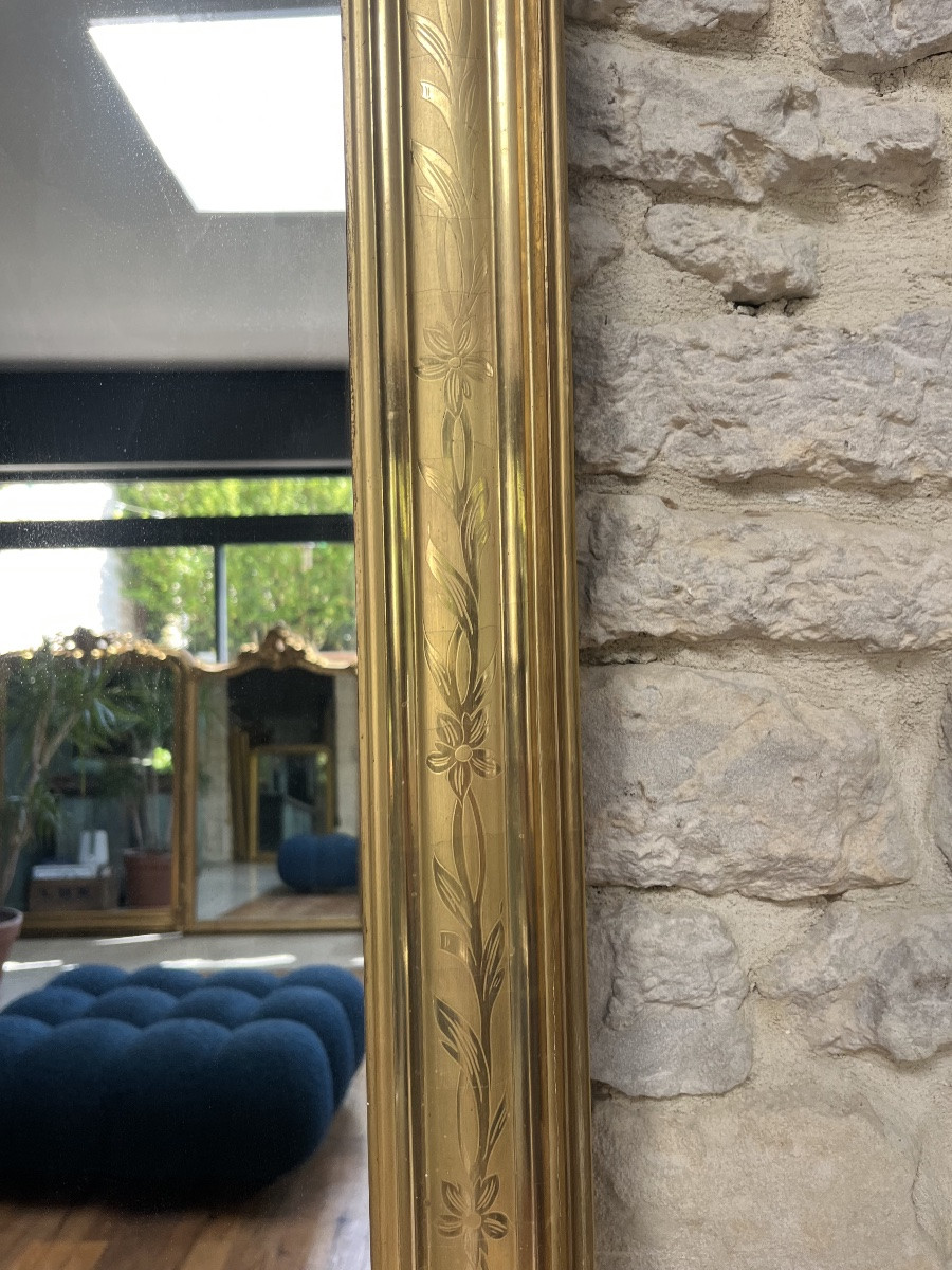 Antique Louis-philippe Gilded Leaf Mirror 86.5/69cm With Engraved Floral Motifs-photo-3