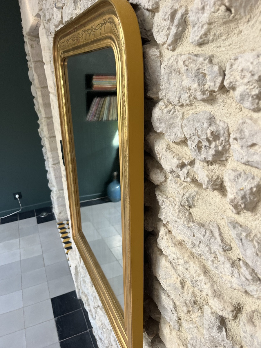 Antique Louis-philippe Gilded Leaf Mirror 86.5/69cm With Engraved Floral Motifs-photo-6
