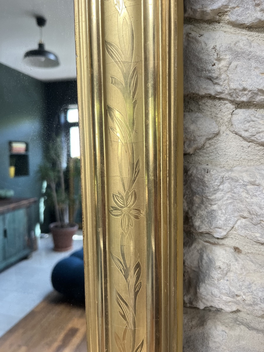 Antique Louis-philippe Gilded Leaf Mirror 86.5/69cm With Engraved Floral Motifs-photo-7
