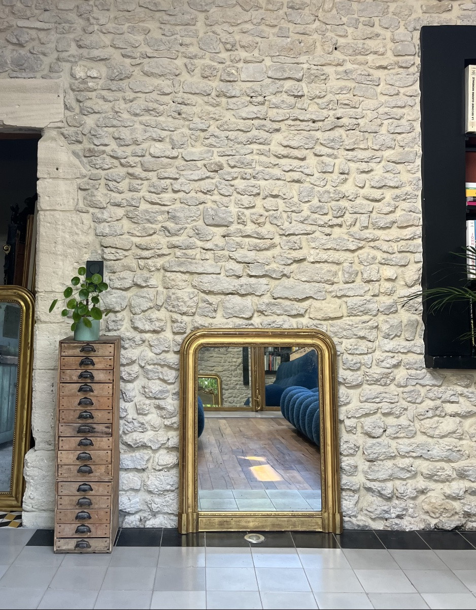 Miroir ancien de cheminée 96,5/79cm Louis-Philippe doré à la feuille d’or, trumeau de cheminée.-photo-1