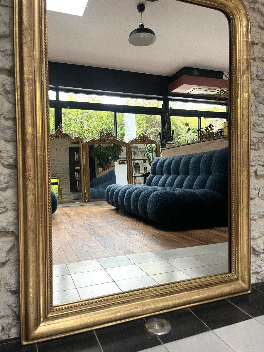 Antique 153/101cm Louis-philippe Gilded Pediment And Beaded Mirror, Trumeau-photo-3