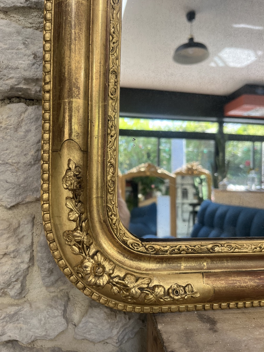 Paire de miroirs anciens Louis-Philippe 52,5/44cm doré à la feuille d’or moulures florales  -photo-6